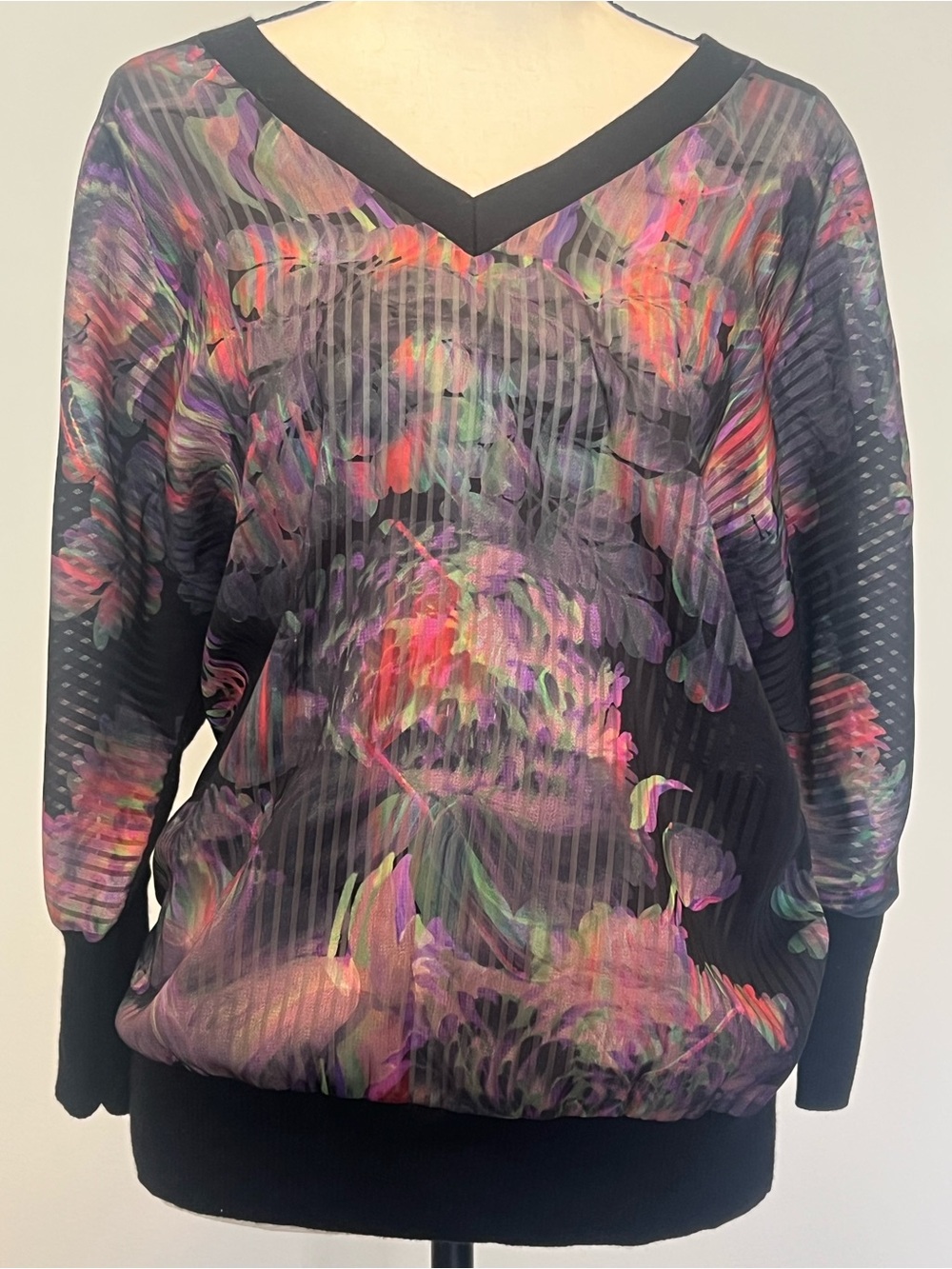 Ted Baker Black V-Neck Sweater with Multicolor Floral Overlay